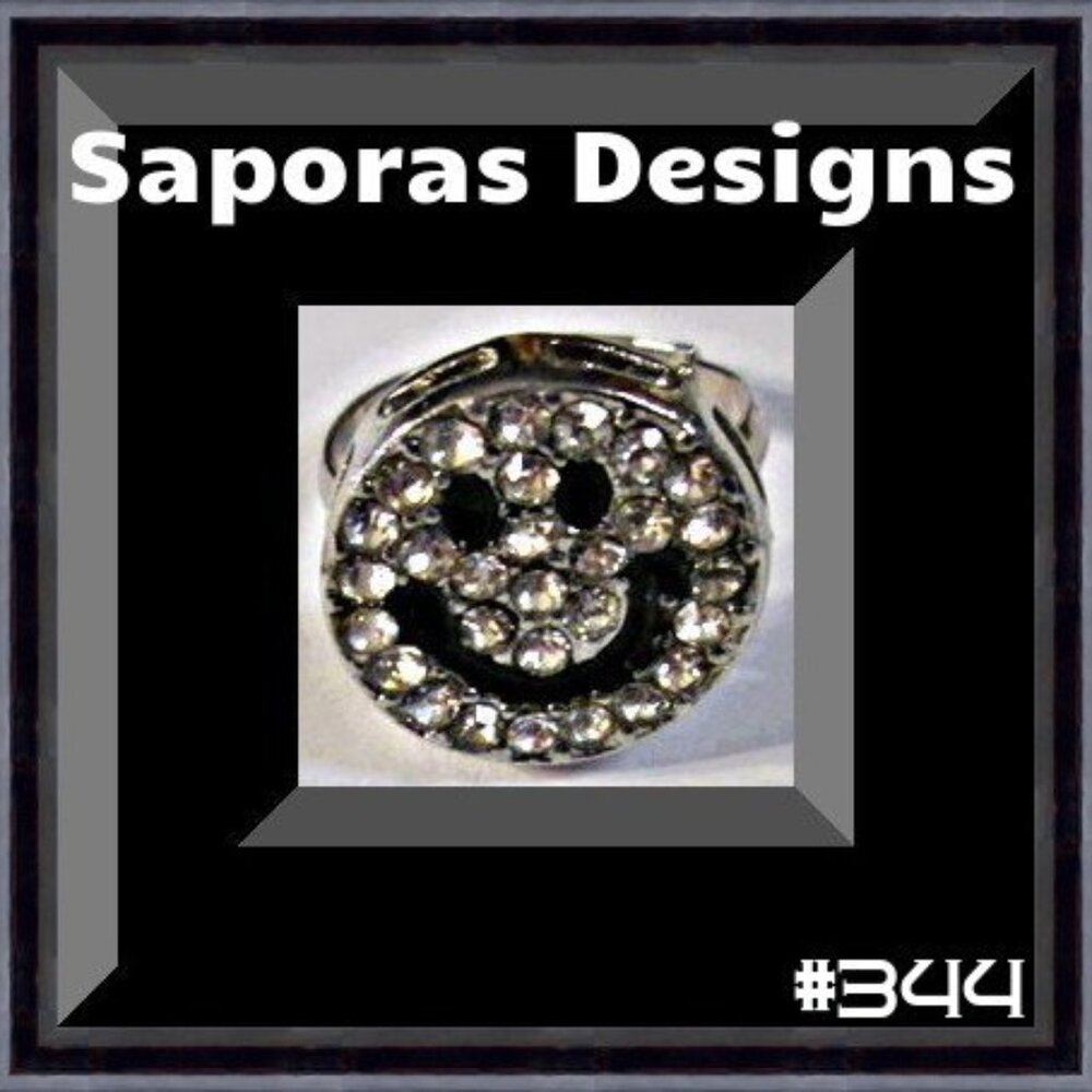 Size 7 Silver Tone & Black Smiley Face Ring With Clear Crystals Adjustable Ring